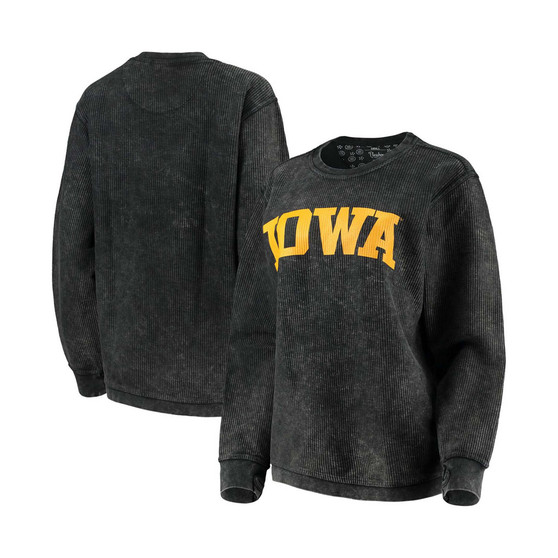 Women's Black Iowa Hawkeyes Comfy Cord Vintage-Like Wash Basic Arch Pullover Sweatshirt