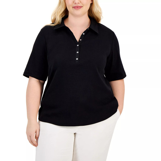 Plus Size Cotton Polo-Collar Short-Sleeve Top, Created for Macy's