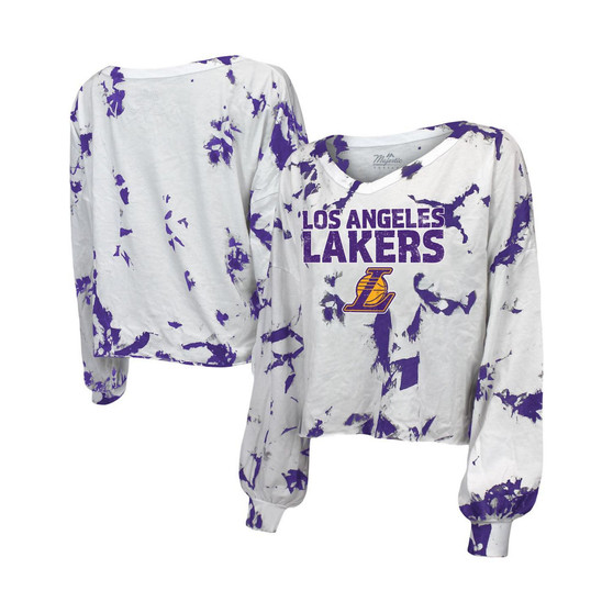 Women's Threads White Los Angeles Lakers Aquarius Tie-Dye Cropped V-Neck Long Sleeve T-shirt