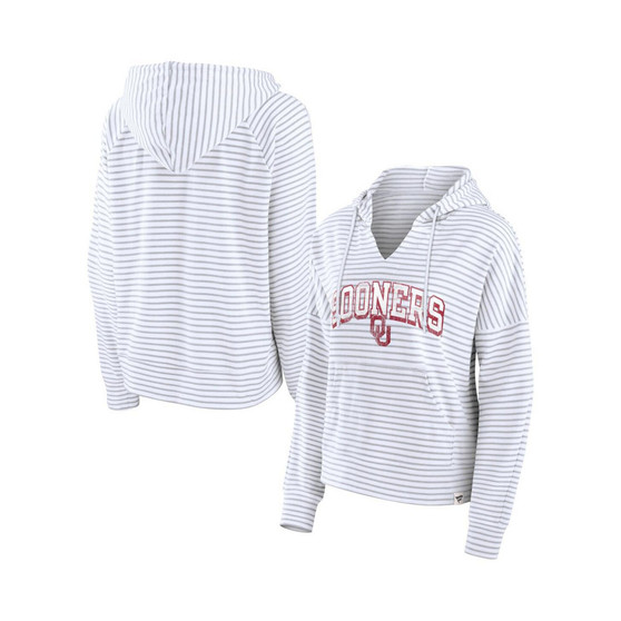 Women's Branded White Oklahoma Sooners Striped Notch Neck Pullover Hoodie