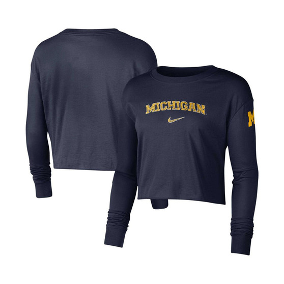 Women's Navy Michigan Wolverines 2-Hit Cropped Long Sleeve Logo T-shirt