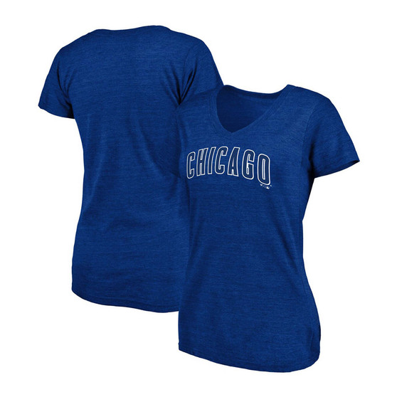 Women's Heathered Royal Chicago Cubs Wordmark Tri-Blend V-Neck T-shirt