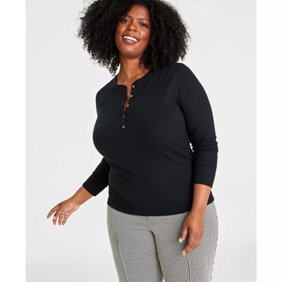 Plus Size Ribbed Long-Sleeve Henley Top, Created for Macy's