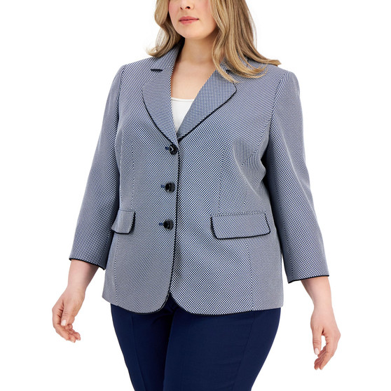 Plus Size Jacquard Button-Front Piped-Trim Jacket