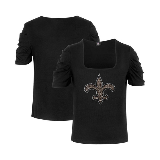 Women's Black New Orleans Saints Puff Sleeve Scoop Neck Top