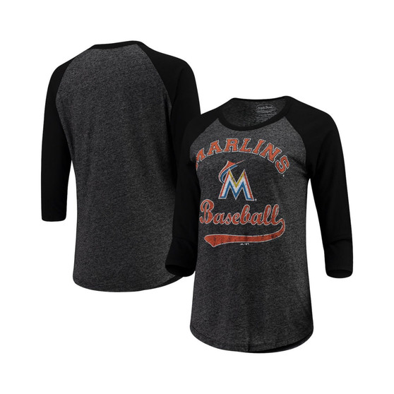Women's Threads Black Miami Marlins Team Baseball Three-Quarter Raglan Sleeve Tri-Blend T-shirt
