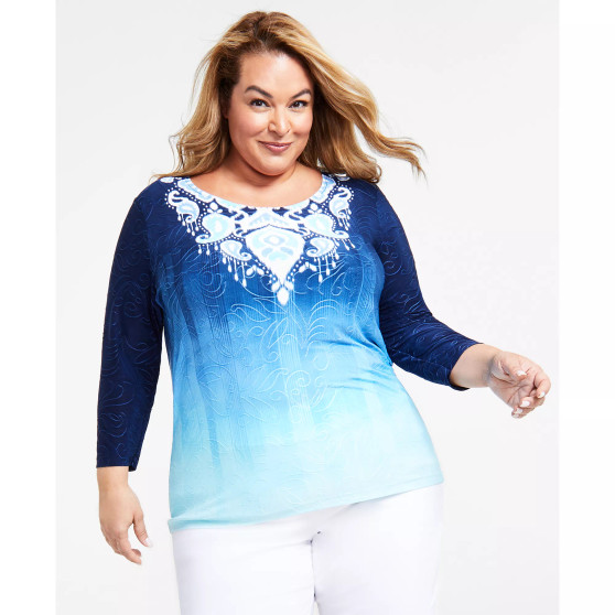 Plus Size Jacquard Printed 3/4-Sleeve Top, Created for Macy's