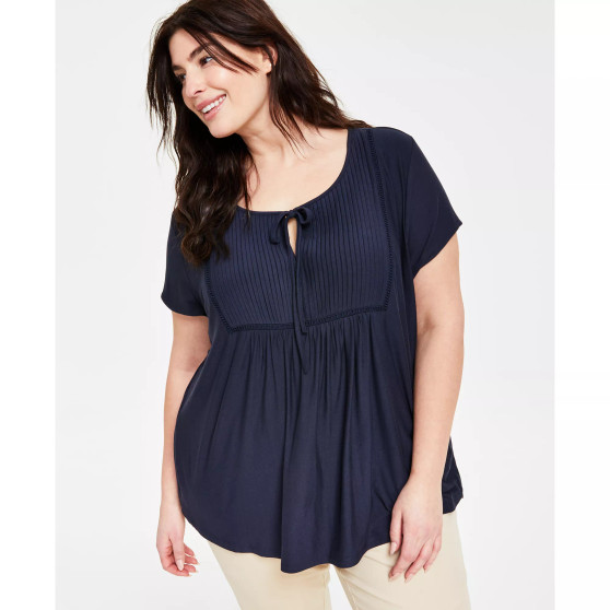 Plus Size Solid Short-Sleeve Pintuck Top