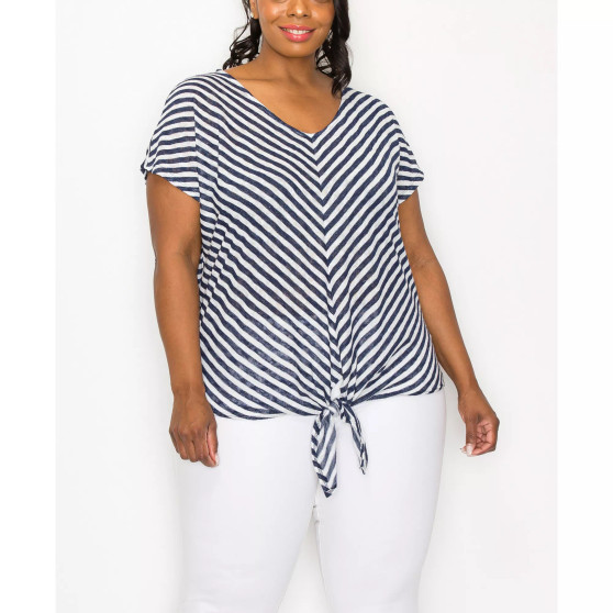 Plus Size Slub Stripe Chevron Tie Front Short Sleeve Top