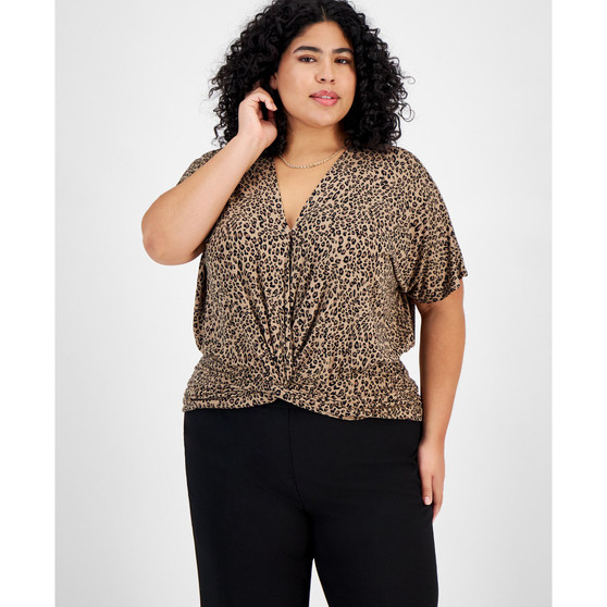 Plus Size Cheetah-Print Knot-Front Top, Created for Macy's