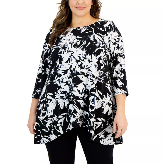Plus Size Printed 3/4-Sleeve Draped-Hem Top, Created for Macy's