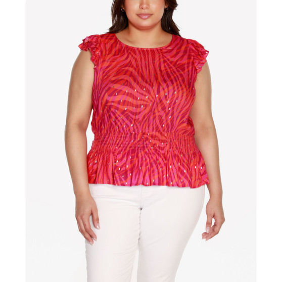 Black Label Plus Size Foil Animal Print Ruffle Top