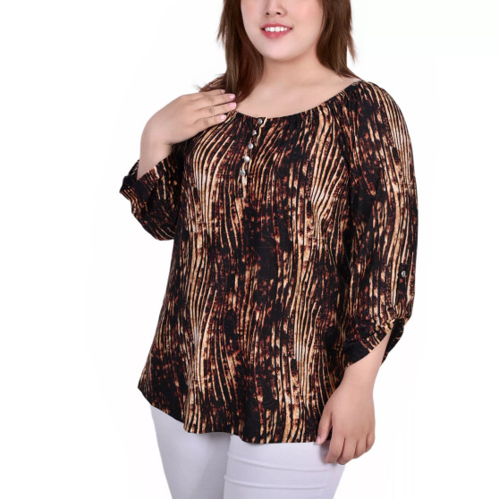 Plus Size 3/4 Push Tab Round Neck Henley Top