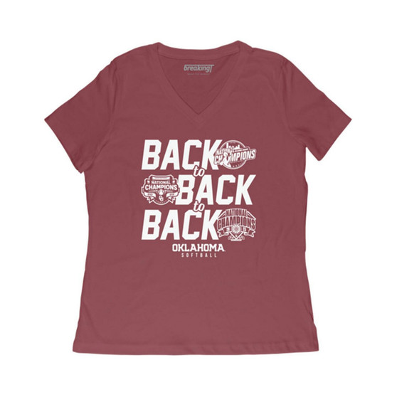 Women's Crimson Oklahoma Sooners Three-Peat NCAA Softball Women's College World Series Champions V-Neck T-shirt