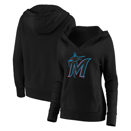 Plus Size Black Miami Marlins Official Logo Crossover V-Neck Pullover Hoodie
