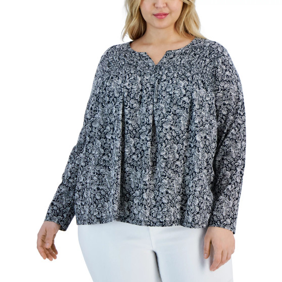 Plus Size Split-Neck Long-Sleeve Top, Created for Macy's