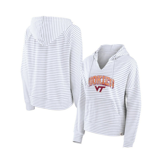 Women's Branded White Virginia Tech Hokies Striped Notch Neck Pullover Hoodie