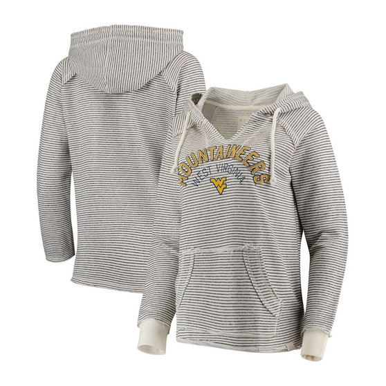 Women's Cream West Virginia Mountaineers Striped French Terry V-Neck Pullover Hoodie