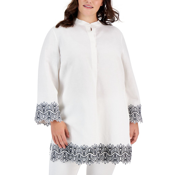 Plus Size Embroidered Split-Neck Popover Top