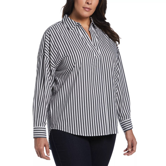 Plus Size Stripe Poplin Popover Long Sleeve Blouse