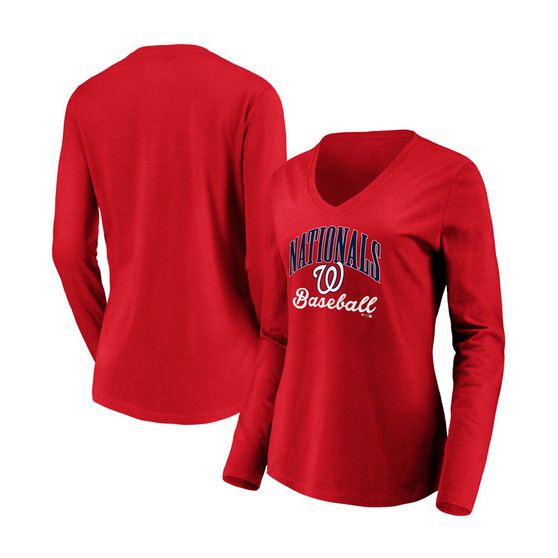 Women's Red Washington Nationals Victory Script V-Neck Long Sleeve T-shirt