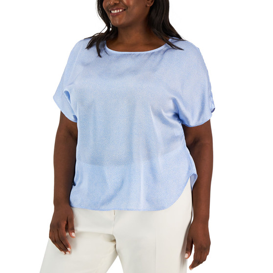 Plus Size Printed Satin Short Sleeve Blouse