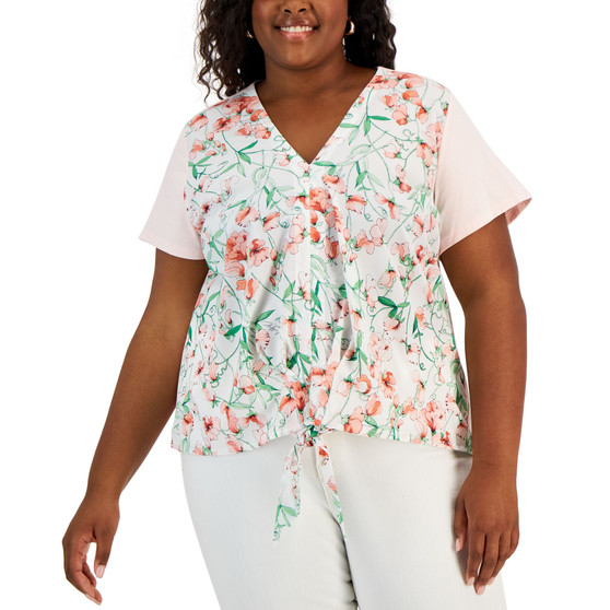 Plus Size Floral-Print Tie-Front Top