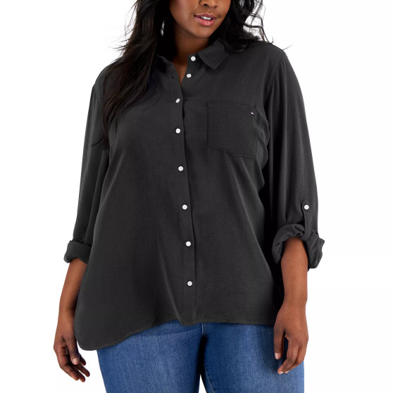 Plus Size Roll-Tab-Sleeve Button-Down Emblem Shirt