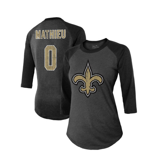 Women's Threads Tyrann Mathieu Black New Orleans Saints Name & Number Raglan 3/4 Sleeve T-shirt