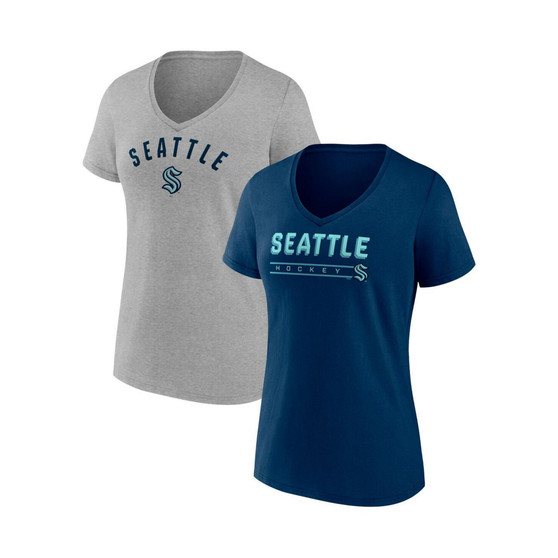 Women's Branded Deep Sea Blue, Gray Seattle Kraken Parent 2-Pack V-Neck T-shirt Set
