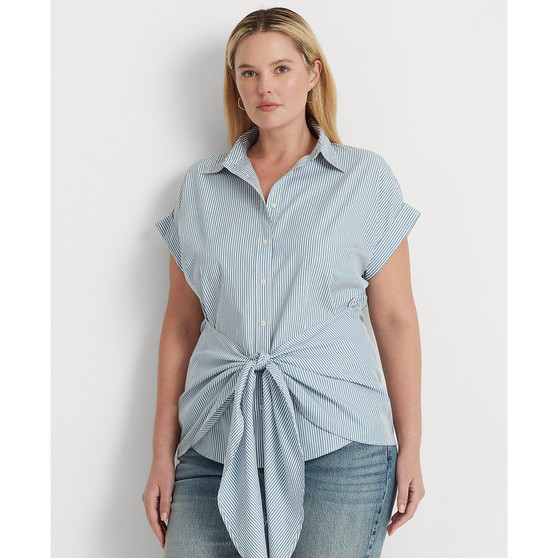 Plus Size Tie-Front Striped Buttoned Top