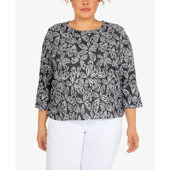 Plus Size Classic Floral Jacquard Butterfly Knit Top with Necklace
