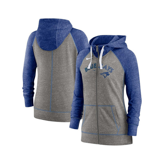 Women's Heathered Charcoal and Heathered Royal Toronto Blue Jays Split Wordmark Gym Vintage-Like Raglan Slub Full-Zip Hoodie
