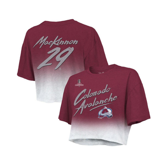 Women's Threads Nathan MacKinnon Burgundy Colorado Avalanche 2022 Stanley Cup Champions Dip Dye Boxy Crop T-shirt