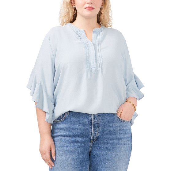 Plus Size Split Neck Ruffle Sleeve Top