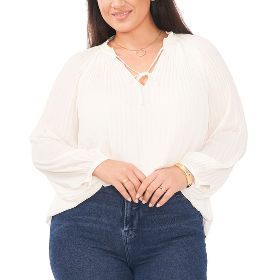 Plus Size Pleated Tie-Neck Long-Sleeve Top
