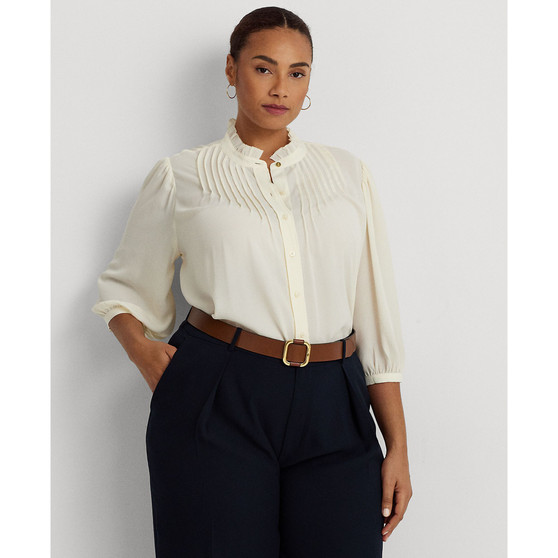Plus Size Pleated Blouson-Sleeve Blouse