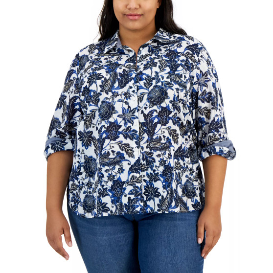 Plus Size Cotton Floral Roll Tab Button Down Shirt