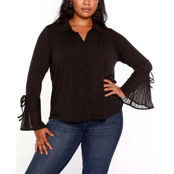 Black Label Plus Size Bell Sleeve Button Front Blouse