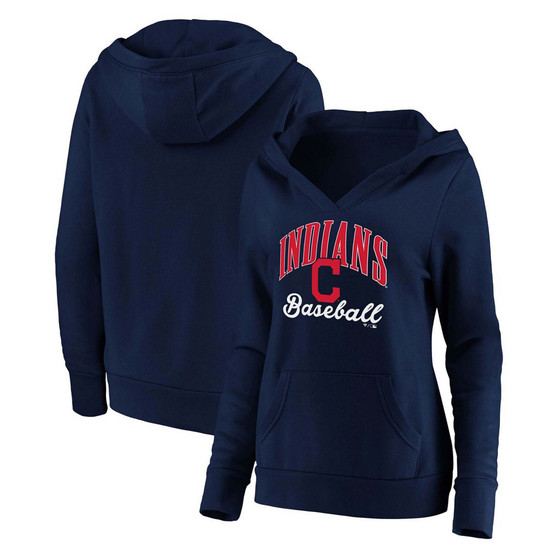Plus Size Navy Cleveland Indians Victory Script Crossover Neck Pullover Hoodie