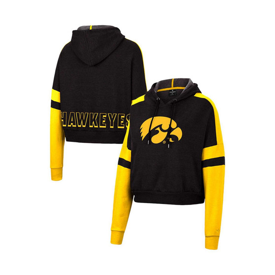 Women's Black Iowa Hawkeyes Throwback Stripe Arch Logo Cropped Pullover Hoodie