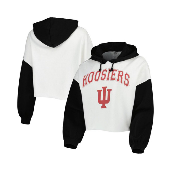 Women's White and Black Indiana Hoosiers Good Time Color Block Cropped Hoodie