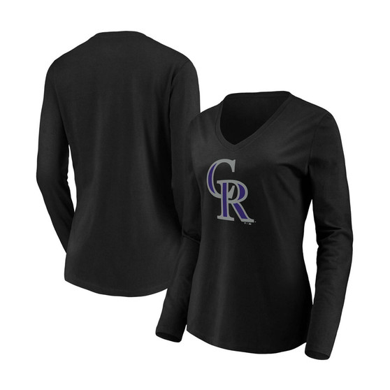 Women's Black Colorado Rockies Official Logo Long Sleeve V-Neck T-shirt