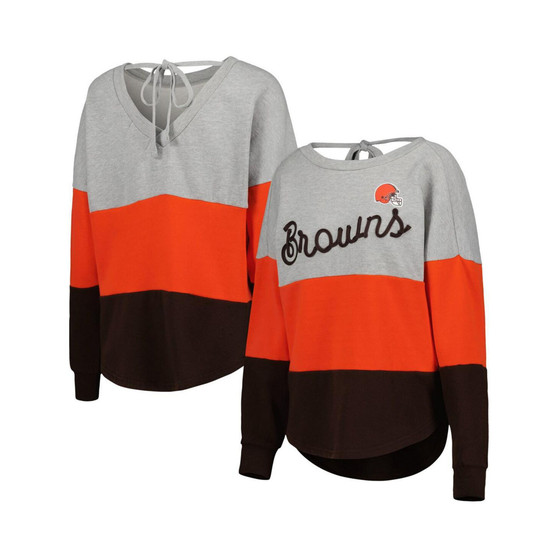 Women's Heather Gray, Brown Cleveland Browns Outfield Deep V-Back Pullover Sweatshirt
