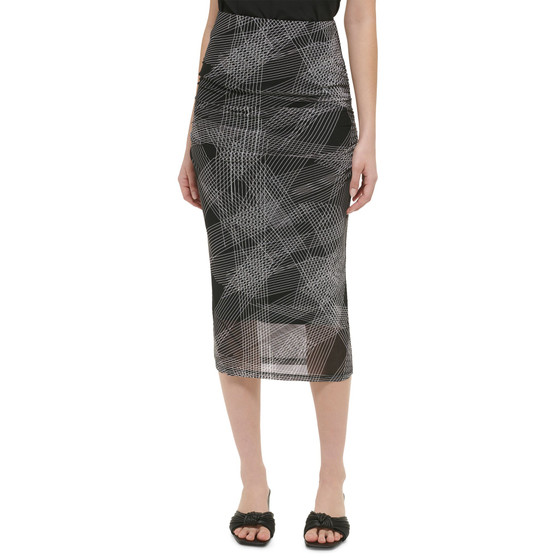 Printed Shirred Midi Pencil Skirt