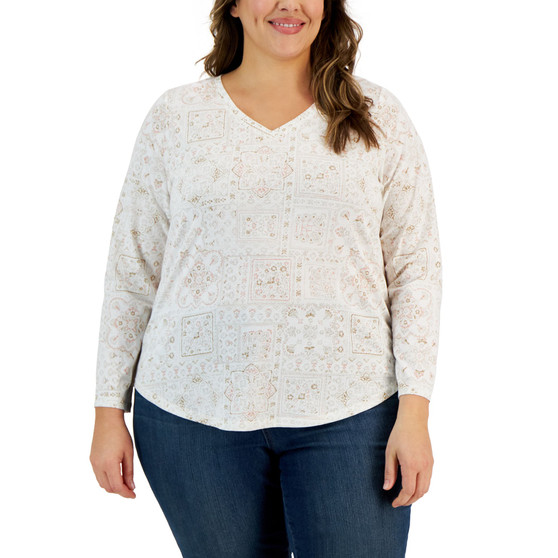 Plus Size Long-Sleeve Printed Perfect Tee, Created for Macy's