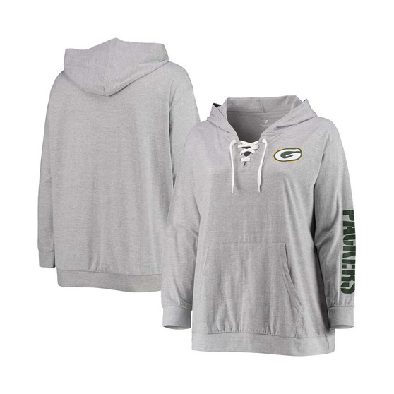 Women's Plus Size Heather Gray Green Bay Packers Lace-Up Pullover Hoodie