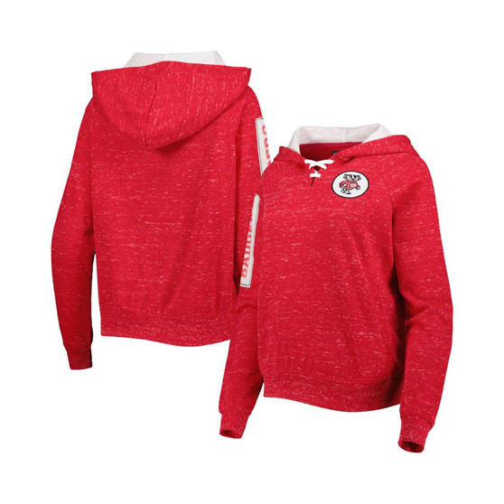 Women's Red Wisconsin Badgers The Devil Speckle Lace-Placket Raglan Pullover Hoodie