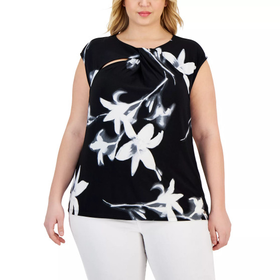 Plus Size Yoke Cutout Neckline Printed Blouse