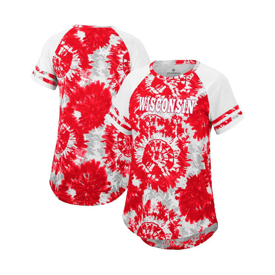 Women's Red, White Wisconsin Badgers Annie Oversized Tie-Dye Raglan T-shirt